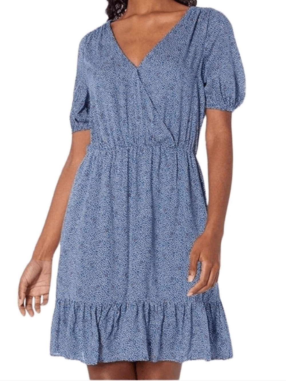 Lucky Brand Mila, polka dot wrap dress. Blue V-Neck Puff Sleeve